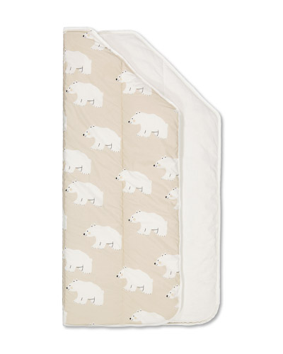 Sleeping bag that can be closed with a zipper. Polar bear motive on beige background, opened. 