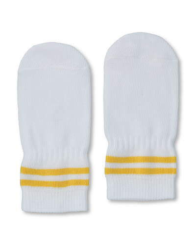 Mittens with yellow and white stripes.