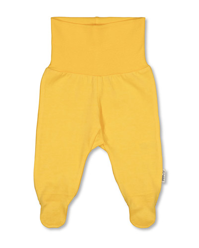 Yellow trousers with foldable stretch fabric at the waist.