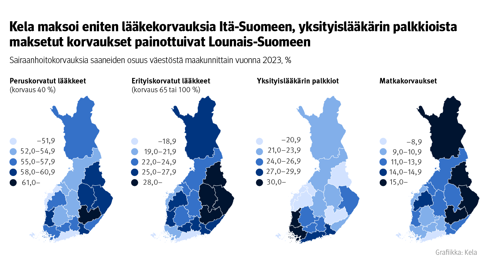 Kela maksoi eniten lääkekorvauksia Itä-Suomeen, yksityislääkärin palkkioista maksetut korvaukset painottuivat Lounais-Suomeen